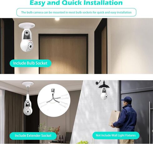 6MP UHD Bulb Security Cameras,2.4GHz Dual Lens 360°Security Camera Wireless Indoor Outdoor Light Bulbs Camera,Full Color Night, Motion Detection,Message Alert,24/7 Recording, SD/Cloud in Kuwait