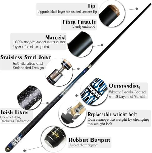 عصا Tai ba cues Pool cue Stick، طرف جلدي متعدد الطبقات 13 مم، 58 بوصة، غلاف من الكتان، عصا البلياردو الاحترافية من خشب القيقب الكندي الصلب 19-21 أونصة (قابلة للتحديد) in Kuwait