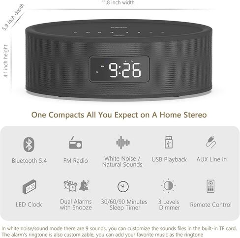 KEiiD Tabletop Bluetooth Speaker for Home Clock Radio with LED Alarm Clock, FM Radio, White Noise/Sounds Machine, USB, AUX, Aesthetic Style with Great Sound Performance, Auto Dimmer, Sleep Timer in Kuwait