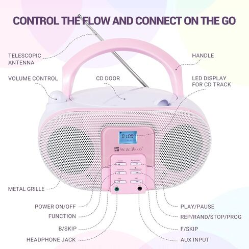 SingingWood GC01 Macarons Series Portable CD Player Boombox with AM FM Stereo Radio Kids CD Player LCD Display, Front Aux-in Port Headphone Jack, Supported AC or Battery Powered -Rose in Saudi Arabia