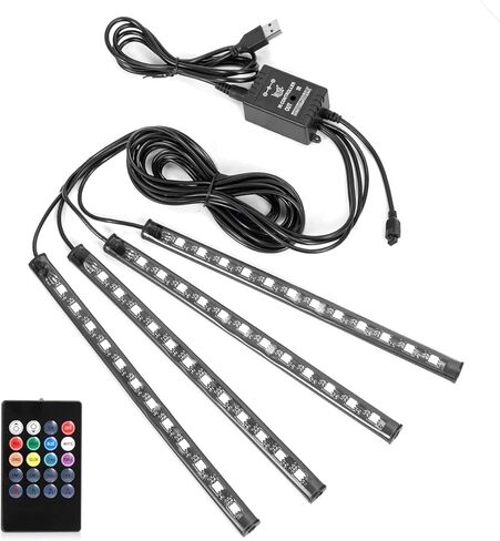 4 قطع 48 مصباح LED داخلي USB، مصابيح شريط LED للسيارة، شريط إضاءة للسيارة متعدد الألوان تحت لوحة القيادة مع وظيفة الصوت النشطة وجهاز التحكم عن بعد، تيار مستمر 5 فولت in Kuwait