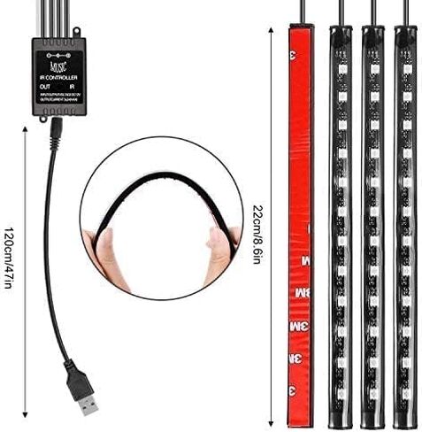 4 قطع 48 مصباح LED داخلي USB، مصابيح شريط LED للسيارة، شريط إضاءة للسيارة متعدد الألوان تحت لوحة القيادة مع وظيفة الصوت النشطة وجهاز التحكم عن بعد، تيار مستمر 5 فولت in Kuwait