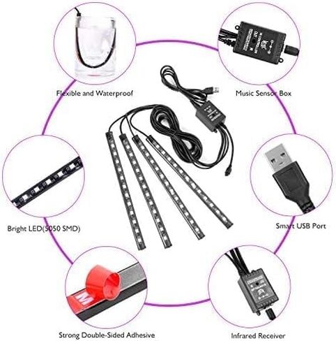 4 قطع 48 مصباح LED داخلي USB، مصابيح شريط LED للسيارة، شريط إضاءة للسيارة متعدد الألوان تحت لوحة القيادة مع وظيفة الصوت النشطة وجهاز التحكم عن بعد، تيار مستمر 5 فولت in Kuwait