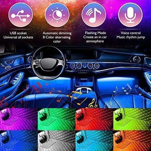 4 قطع 48 مصباح LED داخلي USB، مصابيح شريط LED للسيارة، شريط إضاءة للسيارة متعدد الألوان تحت لوحة القيادة مع وظيفة الصوت النشطة وجهاز التحكم عن بعد، تيار مستمر 5 فولت in Kuwait