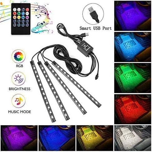 4 قطع 48 مصباح LED داخلي USB، مصابيح شريط LED للسيارة، شريط إضاءة للسيارة متعدد الألوان تحت لوحة القيادة مع وظيفة الصوت النشطة وجهاز التحكم عن بعد، تيار مستمر 5 فولت in Kuwait