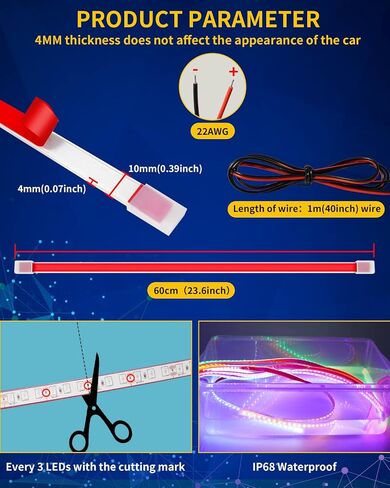 DUOFU365 أضواء شريط LED أخضر، شريط إضاءة داخلي 24 بوصة 12 فولت IP68 مقاوم للماء قابل للقطع للسيارة والدراجات النارية والقوارب وعربة الجولف والشاحنة وديكور المنزل مع شريط نانو قوي (4 قطع) in Kuwait