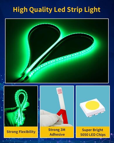 DUOFU365 أضواء شريط LED أخضر، شريط إضاءة داخلي 24 بوصة 12 فولت IP68 مقاوم للماء قابل للقطع للسيارة والدراجات النارية والقوارب وعربة الجولف والشاحنة وديكور المنزل مع شريط نانو قوي (4 قطع) in Kuwait