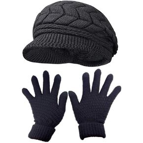 HINDAWI Womens Winter Hat and Gloves Set for Girls Wool Knit Skull Cap with Visor