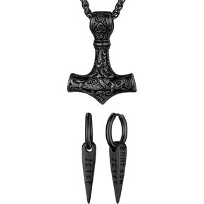 FaithHeart Viking Rune Spike Earrings & Thors Hammer Necklace for Men