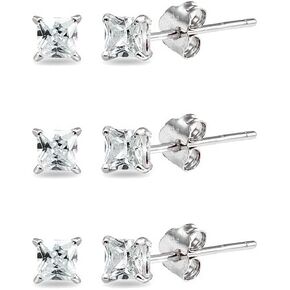 Sterling Silver Cubic Zirconia Princess-Cut 3mm Square CZ Stud Earrings Set for Women Men, 5 Pairs