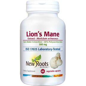 New Roots Lions Mane Supplement Capsules | 500mg Lion's Mane Mushroom Concentrated Hot-Water Extract | Memory, Focus & Immune Support Supplement | 60 Veggie Capsules