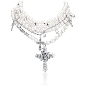 Layered Pearl Necklace Statement Gothic Pearl Cross Necklace Chunky Stacked Rhinestone Pearl Necklace for Women