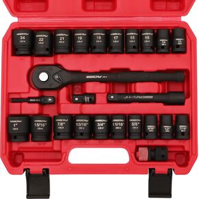 1/2" Drive Socket Wrench Set: 25-Piece SAE & Metric Impact Socket Ratchet Wrench Tool Set Socket Assortment with Storage Box for Repair Mechanic Garage
