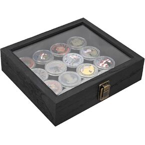 MOOCA Tempered-Glass Top Small Wooden Jewelry Display Case with Removable Black Luxurious Velvet Jewelry Display Pad, Deeper 2.2" Design for Collectibles, Brown Color.