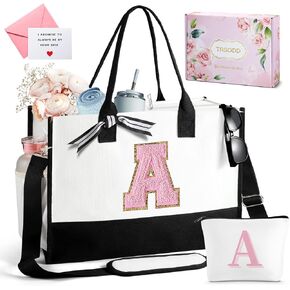 TRSODD Tote Bag for Women w Makeup Bag, Pink Beach Bag, Personalized Mothers Day Gifts for Mom, Friends Birthday Teacher Appreciation Gifts w Inner Pocket Side Pocket Shoulder Strap Card Gift Box L