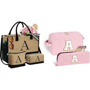 YOOLIFE 3 Pcs Initial Jute Tote Bag & 2 Pcs Initial Makeup Bag Personalized Gifts for Women Teen Girls