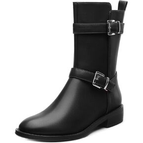ROSERWISH Mid Calf Boots for Women Riding Ankle Boots Round Toe Low Chunky Heel Short Boots Fashion Fall Winter Combat Booties Buckle Style Dress Boots with Zipper