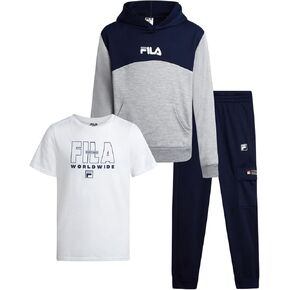 Fila Boys' Active Sweatsuit Set - 3 Piece Performance Hoodie Sweatshirt, Jogger Sweatpants, T-Shirt - Activewear Set (8-12)