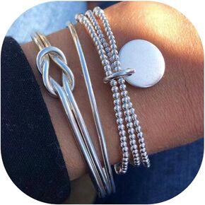 Knot Bracelet Boho Layered Knot Bangle Stack Cuff Bangles Silver Dainty Coin Beaded Hand Jewelry Stackable Bracelets for Women