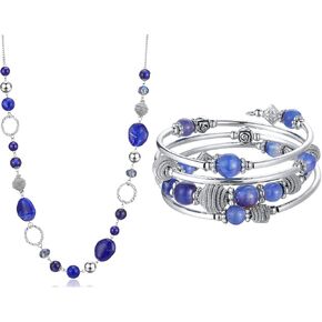 PEARL&CLUB Long Silver Chain Necklace Beaded Wrap Bangle Bracelet Set