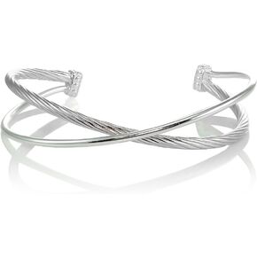 Hoops & Loops Sterling Silver Polished & Twist Criss Cross Cuff Bangle Bracelet