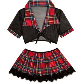 MakeMeChic Women's 2 Piece Lingerie Set Plaid Print Mesh Sheer Lace Trim Bow Knot Costume Sets