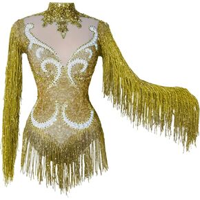 Sexy Sparkly Diamante Pearl Long Sleeves Fringe Women Bodysuit Team Performance Club Dj Pole Dance Drag Queen Costume