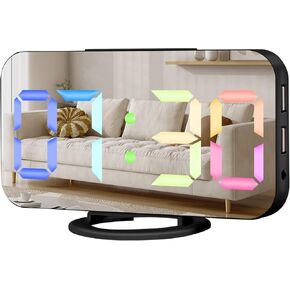 Digital Alarm Clock,Large Display LED and Mirror Desk Clock with Dual USB Charger Ports, 3 Levels Brightness,12/24H Alarm Clocks, Modern Electronic Clock for Bedroom Living Room - Black RGB
