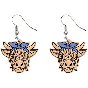 Highland Cow Wooden Cattle Earrings Handmade Western Earrings Set Cute Sunflower Bow Cow Animals Dangle Drop Earrings for Women