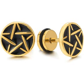 10MM Gold Steel Star Pentagram Circle Stud Earrings with Black Enamel, Men Women, Screw Back