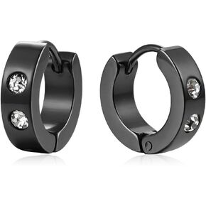 Mens Womens Black Huggie Hinged Hoop Earrings, Cubic Zirconia, Stainless Steel, Classic