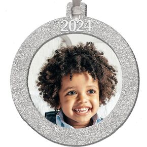 2024 Photo Ornaments for Christmas Tree, Sparkly Glitter Christmas Frame Ornament, Easy-Load Magnetic Design, Includes Satin Ribbon with Silver Charm Plus Photo Protector, Round, Silver