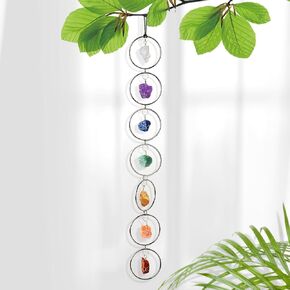 Natural Raw Crystal Stone 7 Chakras Wall Decor Healing Crystal Gemstone Outdoor Indoor Window Round Hanging Home Decoration (Silver Color)