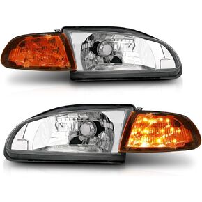 M-AUTO Pair Chrome Housing Amber Corner Headlight Assembly Compatible with 1992-1995 Honda Civic, OE Style Left & Right Headlamps for Passenger & Driver Side