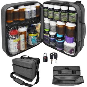 Extra-Large 2-Compartment Modular Pill Bottle Organizer, Medicine Bag, Case, Carrier for Medications, and Medical Supplies - for Home Storage and Travel - Dark Gray (with Lock)