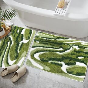Bathroom Rugs Sets 2 Piece, Green Natural Scenery Bath Mat Set, Absorbent Bath Mats for Bathroom Floor Set of 2, Green Bathroom Rug Set Bath Rug Set Moss Bathroom Décor 18x26 + 20x32