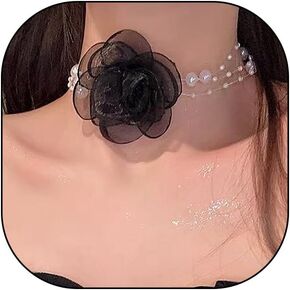 Black Flower Pearl Choker Necklace for Women,Trendy White Camellia Fairy Necklace for Bridal Bridesmaid,Dainty Pearl Chain Collar Necklaces