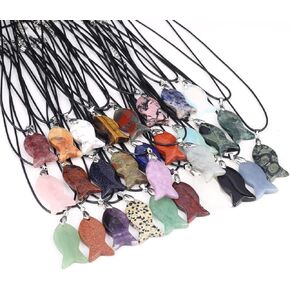 QSLLER 6PCS Handmade Fish-shaped Crystal Pendant Necklace Natural Stone Tiger Eye Amethyst Charms Leather Cord Necklaces Choker Jewelry