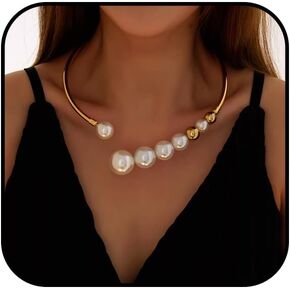 Gold Chunky Pearl Necklace for Women Large Pearl Choker Necklace Irregular Pearl Beaded Necklace Adjustable Open Snake Chain Necklace Party Fashion Statement Jewelry
