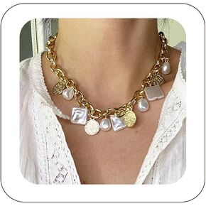 Punk Cuban Link Chain Choker Necklace with Irregular Pearl Coin Statement Necklace Carved Coin Pendant Collar Necklace for Women Chain Link Necklace Gold Baroque Pearl Choker Necklaces Festival Accessories
