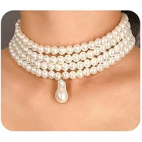 Wiwpar Round Imitation Pearl Choker Necklace Vintage Multi Strands Pearl Pendant Necklace 20s Flapper Necklace for Women