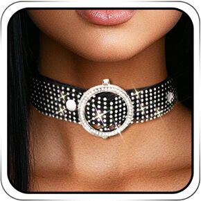 Punk Rhinestone Leather Choker Necklace Black Sparkly Crystal Thick Chokers Gothic Collar Neck Chain Jewelry for Women