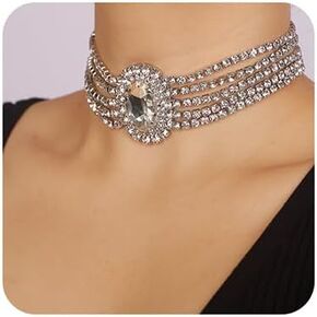 fxmimior 5Tier Boho Fashion Prom Shinny Rhinestones Circle Choker Necklace Dainty Layered Sexy Body Chain Choker Necklace Dainty Green Blue Silver Halloween Christmas Necklace Jewelry Gift for Women