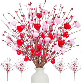 Valentines Day Decorations, 4 Pack Valentine's Day Picks with Red Pink 3D Hearts Shaped, 72 Branches Floral Berry Flowers Stems for Valentines Day Gifts Decor Anniversary Vase Wedding Party Home Table