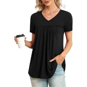 LAOLASI Womens 2025 Summer Tops V Neck Short Sleeve Casual Shirt Flowy Tunic Blouses