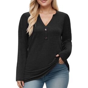 DOLNINE Womens-Plus-Size-Tops Trendy Henley Button Shirts Casual V Neck Long Sleeve Tunic Sweatshirts XL-5XL