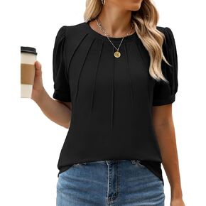 WEACZZY Womens Puff Short Sleeve Tops Dressy Casual Crew Neck Pleated T Shirts Cute Blouse Tunic Top Fashion Clothes 2024