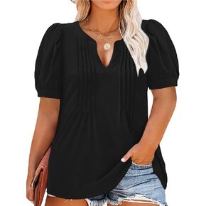 Plus Size Tops for Women V Neck Puff Short Sleeve Pleated T Shirts Fashion Summer Casual Loose Tunic Blouse