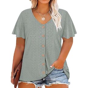 RITERA Plus Size Tops for Women V Neck Button Up Short Sleeve Henley Tshirt Casual Blouse Pullover Basic 12W 14W XL-5XL