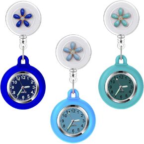 3Pack Retractable Nurse Watch for Nurses Doctors Cute Flowers Clip-on Hanging Lapel Nurse Watch with Second Hand,Silicone Cover Brooch Fob Pocket Watch Badge Reel